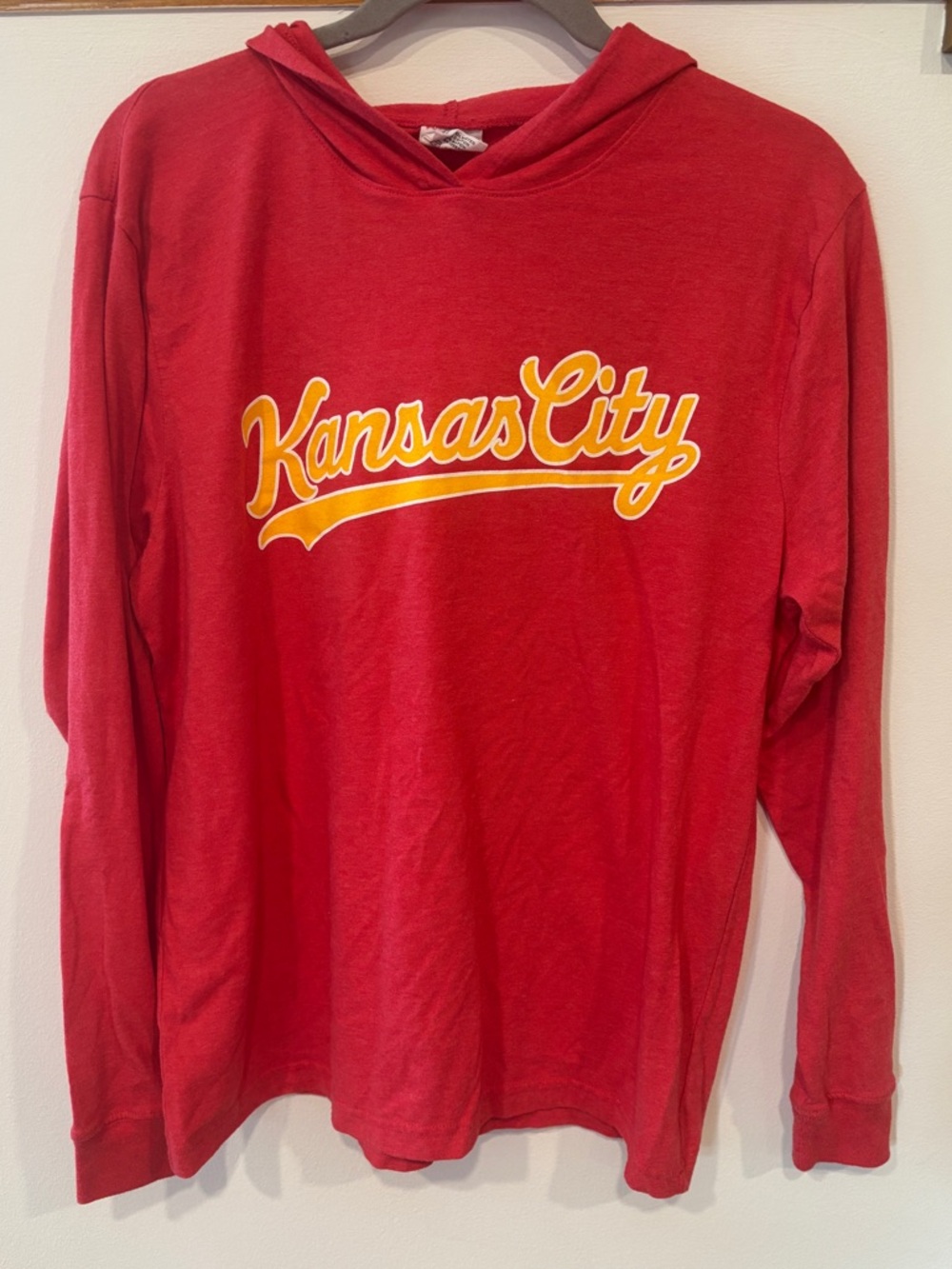 Charlie Hustle Red Long Sleeve Hooded Kansas City Yellow Script Tee - Men’s M